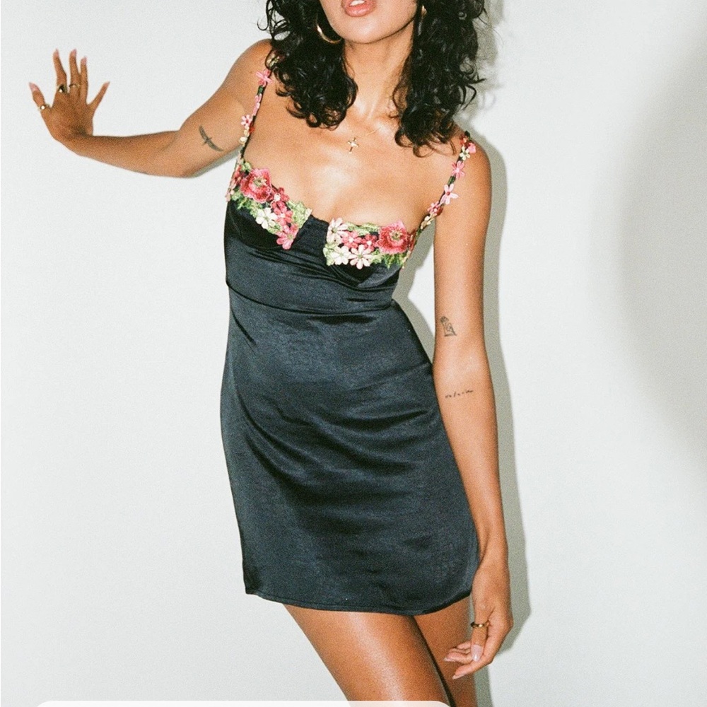 Princess Polly Black satin dress with gorgeous floral embroidery